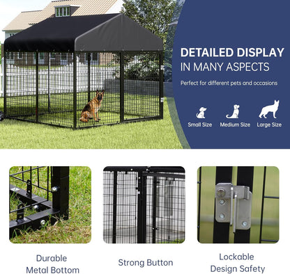 Large Outdoor Dog Enclosure,Heavy Duty Dog Cage with Roof,Galvanized Steel Dog Kennel Fence with Double Safety Locks(79”W x 79”D)