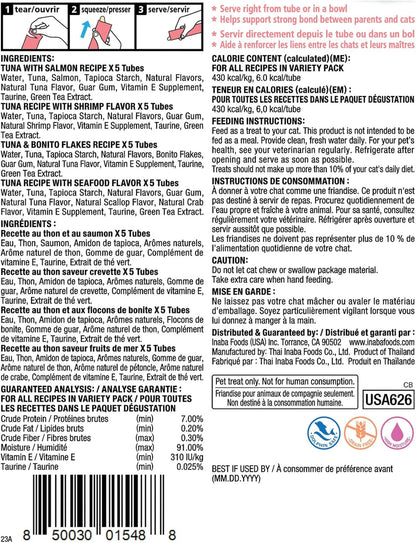 INABA Churu Cat Treats, Grain-Free, Lickable, Squeezable Creamy Purée Cat Treat/Topper with Vitamin E & Taurine, 0.5 Ounces Each Tube, 20 Tubes, Seafood Variety Box