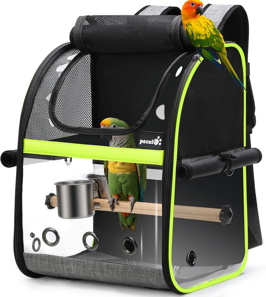 Pecute Bird Carrier Backpack, Parrots Bird Backpack with Visible Window, Adjustable Height Standing Perch, Feeding Cans, Waterproof Pads, Lightweight Foldable Birds Travel Cage for Hiking Camping