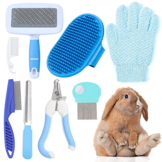 VCZONE Small Animal Grooming Set: Pet Nail Clipper & File, Flea Comb, Shampoo Brush, Shedding Slicker Brush, Massage Glove, Cleaning Comb (Blue)