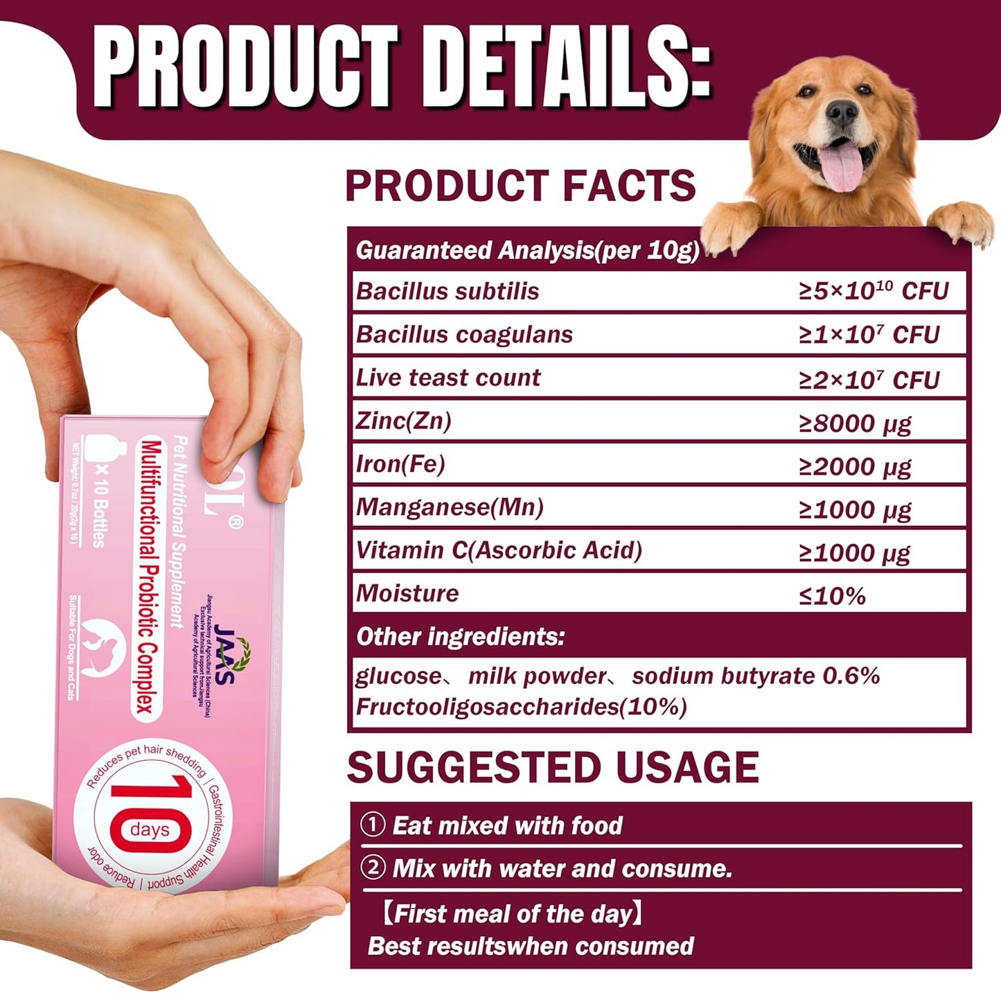 Probiotics for Dogs & Cats, 3 in 1 Formula, Improve Hair Loss, Itchy Skin, Improves Bad Breath, Body Odor, with Iron, Zinc, Manganese & Vitamin C, Gut Health, Yeast Balance(10 Bottles)，【Daily use】