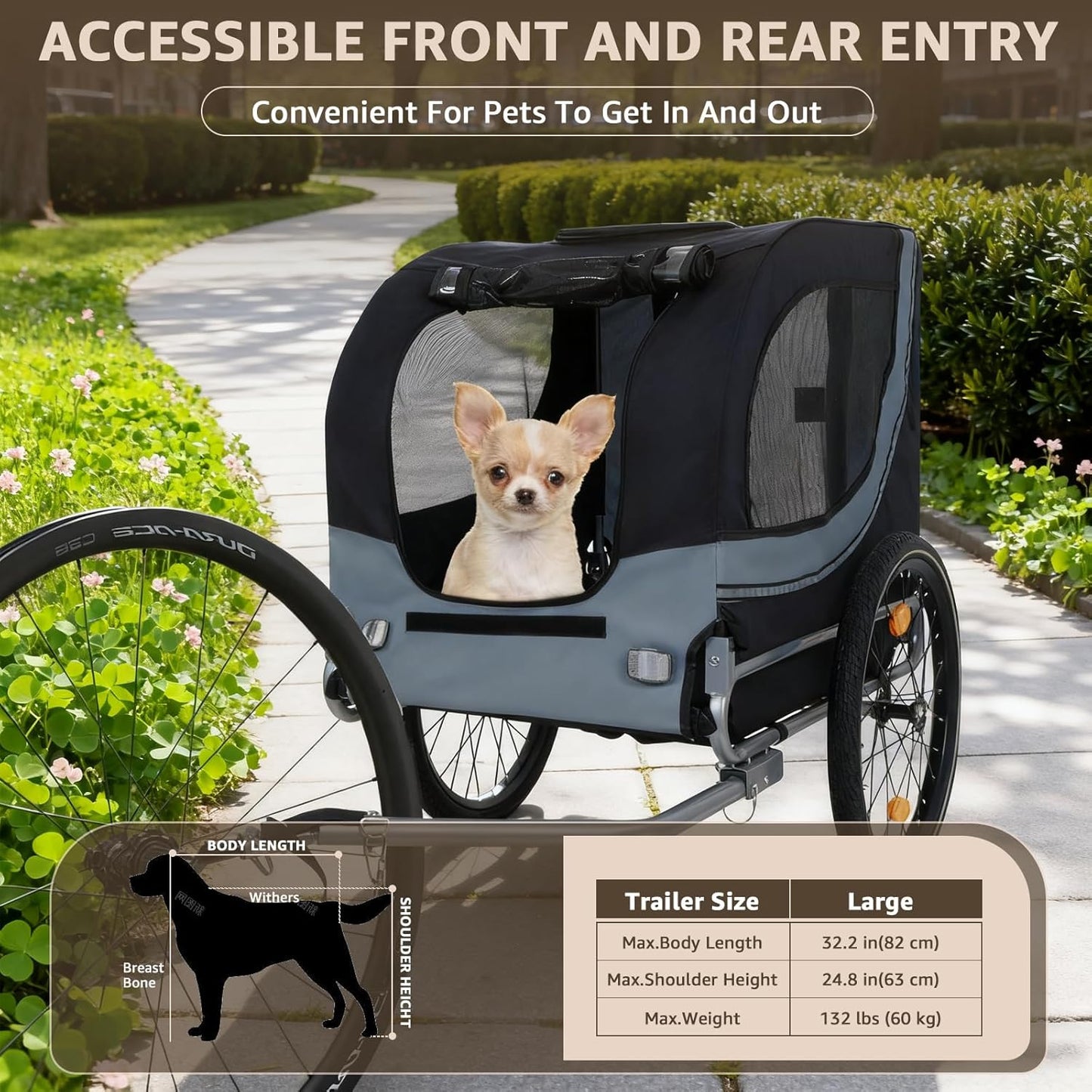 Heavy Duty Dog Bike Trailer for Large Dogs, 132 lbs Pet Bicycle Carrier with Easy Folding Frame, Quick Release Wheel & Universal Coupler, Includes Safety Reflector, Flag and Internal Leash
