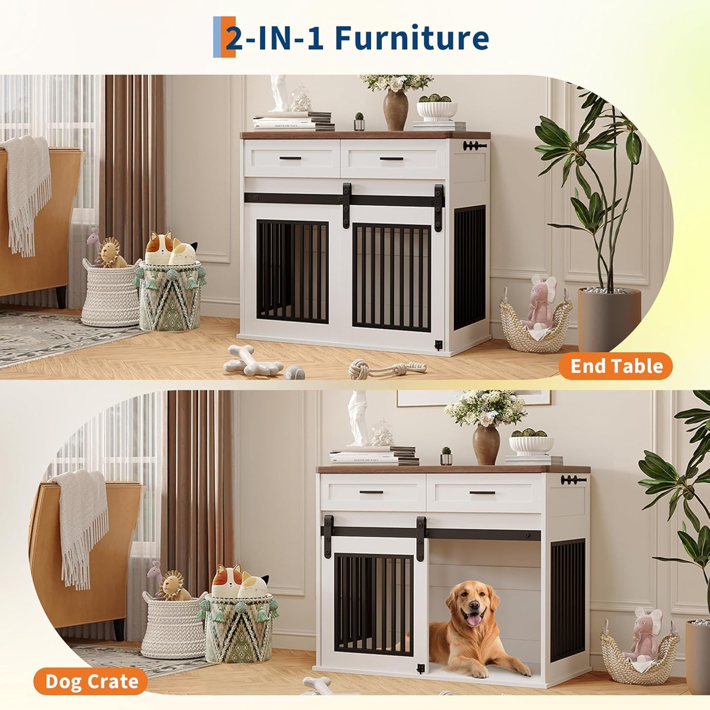 44.5'' Dog Crate Furniture with Hook & Storage Drawers, Wooden Heavy Duty Dog Kennel Indoor with Sliding Barn Doors, Decorative Pet House End Side Table TV Stand for Medium/Small Dogs,White