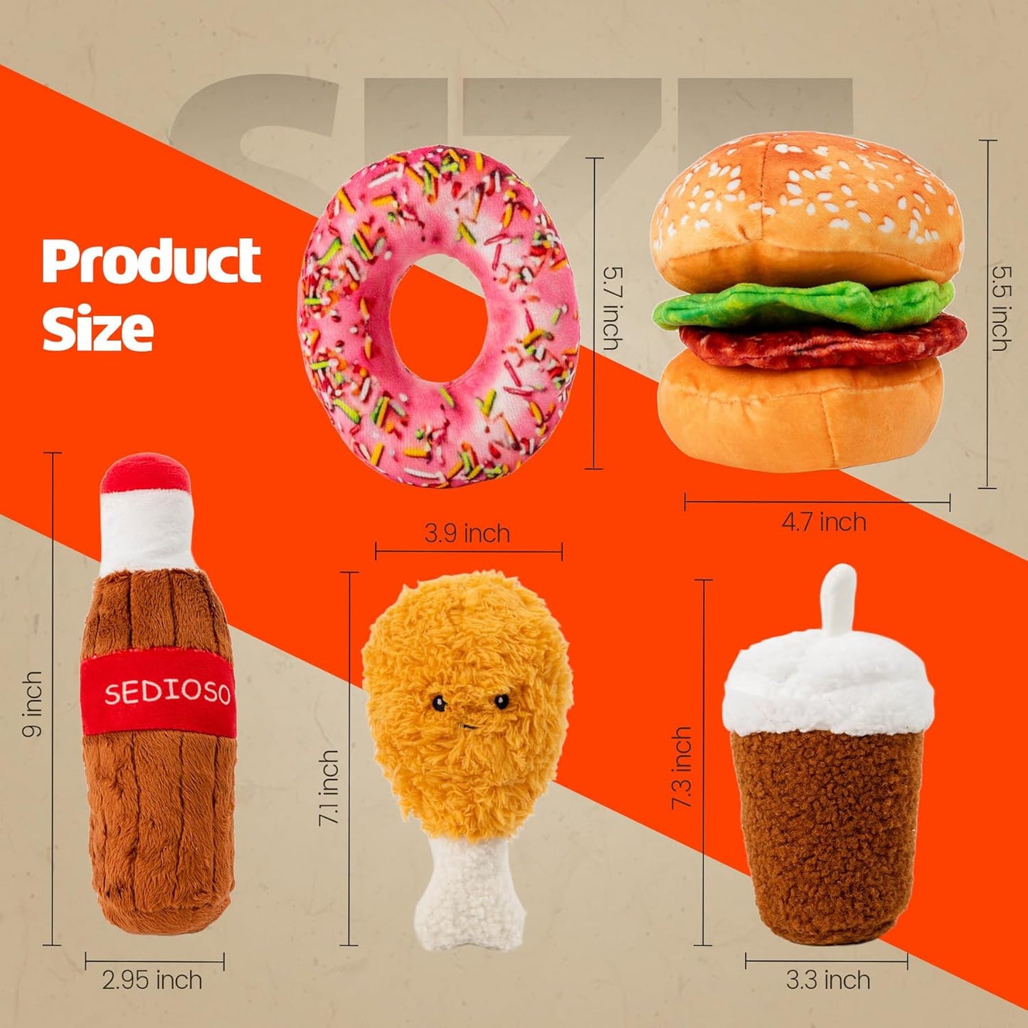 Large Dog Toy Set, 5-Pack Stuffed Dog Chew Toys, Durable Plush Dog Toy, Dogs Squeaky Toys for All Breed(Hamburger Series)