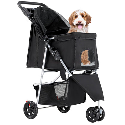 NEWBULIG 3 Wheel Pet Stroller for Dogs and Cats, Foldable, Lightweight and Durable, Ideal for Small to Medium Pets, Includes Storage Basket and Cup Holders