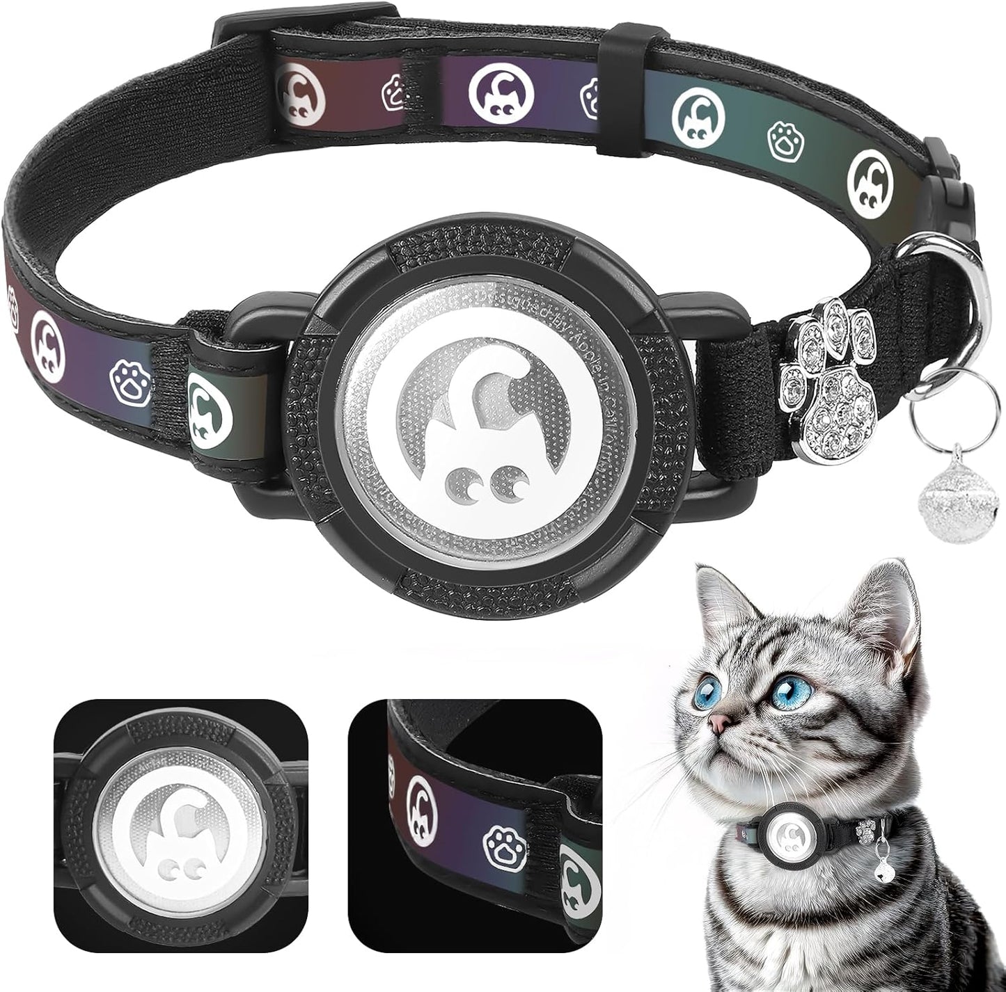 Airtag Cat Collar | Waterproof Cat Collars Airtag Holder - Breakaway Cat Airtag with Bells, Cute Diamond Paw, Reflective, Lightweight GPS Cat Collar for Girl Boy Cats, Kitten(Black, S(9.5"-13")