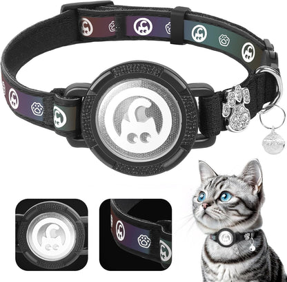 Airtag Cat Collar | Waterproof Cat Collars Airtag Holder - Breakaway Cat Airtag with Bells, Cute Diamond Paw, Reflective, Lightweight GPS Cat Collar for Girl Boy Cats, Kitten(Black, S(9.5"-13")