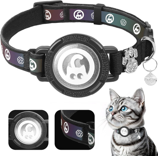 Airtag Cat Collar | Waterproof Cat Collars Airtag Holder - Breakaway Cat Airtag with Bells, Cute Diamond Paw, Reflective, Lightweight GPS Cat Collar for Girl Boy Cats, Kitten(Black, S(9.5"-13")