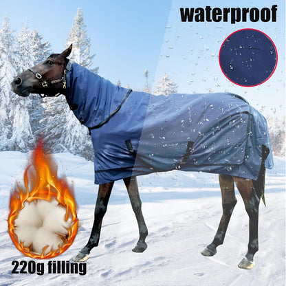 Waterproof Horse Turnout Blanket - Medium Weight Winter Blanket (220g Fill) with Detachable Neck Cover - Blue - 72 in