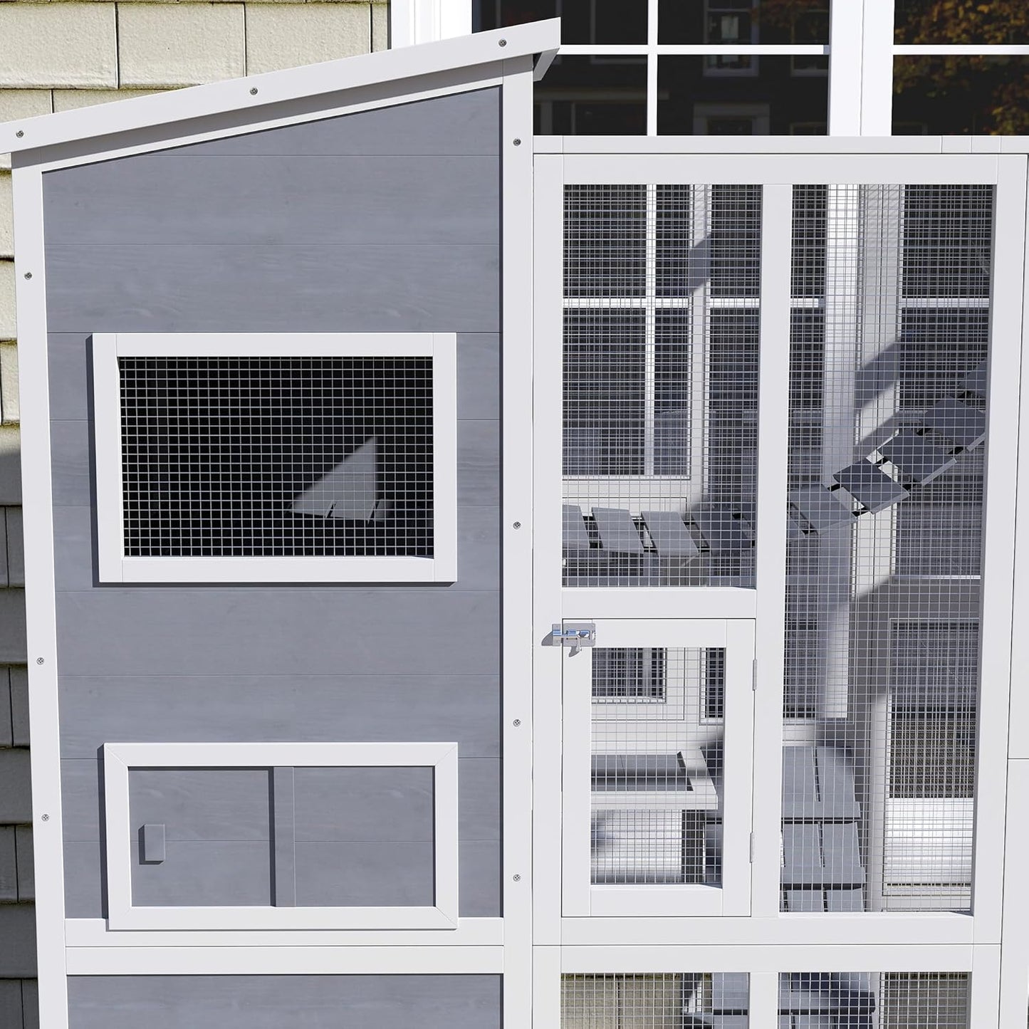 PawHut Catio Outdoor Cat Enclosure, Large Wooden Cat House with Resting Rooms, Platforms, Hammock, Soft Ladder, Ramps, for 2-3 Kittens, 76" x 36" x 68", Gray