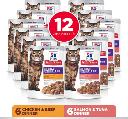 Hill's Science Diet Adult 1-6 Sensitive Stomach&Skin Dry Cat Food,Chicken Recipe,3.5 lb. Bag Adult 1-6 Sensitive Stomach, Chicken&Beef;Salmon&Tuna Stew,2.8 oz.Pouches,12-Pack