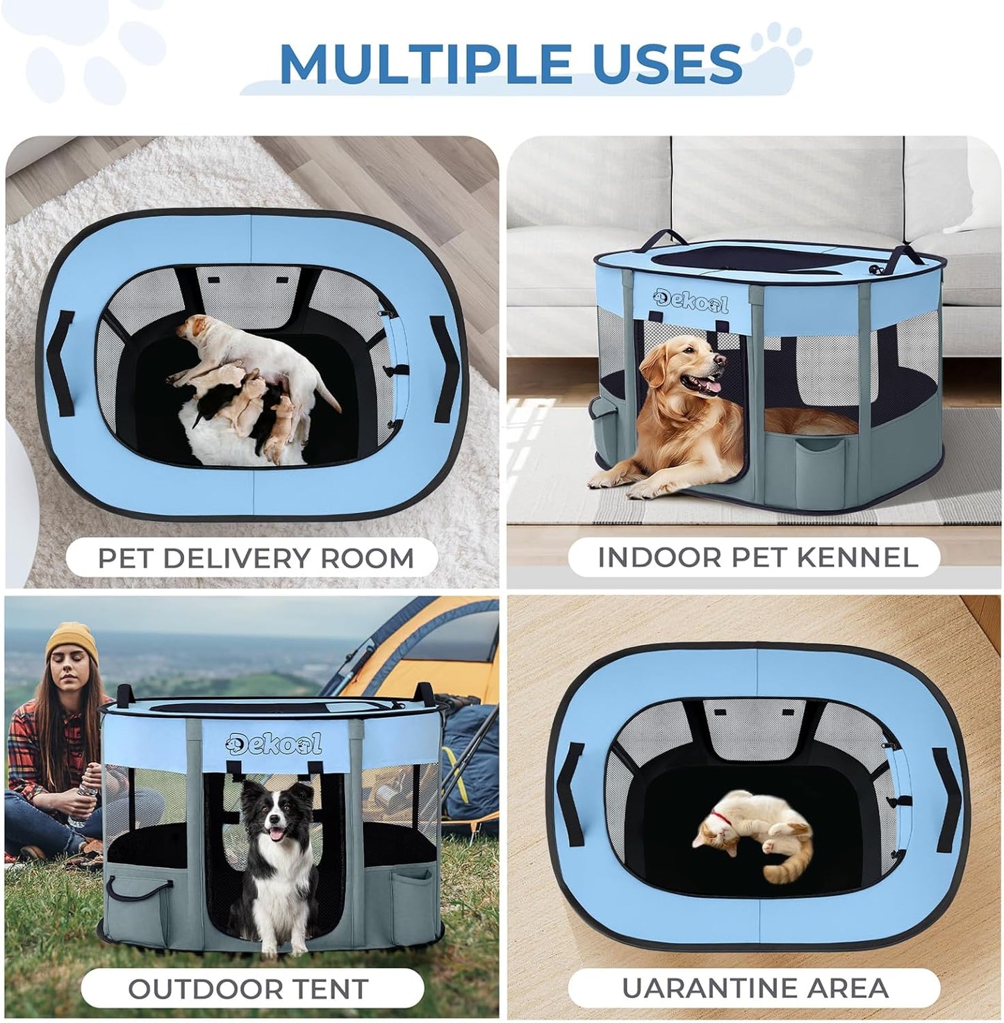Foldable Dog Cat Playpen, Portable Dog Crate for Puppies, Cat, Puppy Play Pen for Indoors, Kennel Tent Crate for Indoor Outdoor Travel Camping Use with Carrying Case (Blue, M)