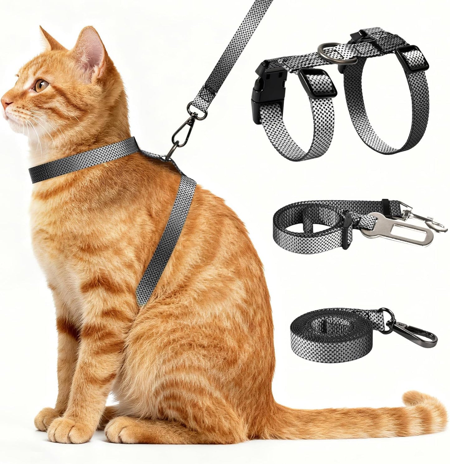 Cat Harness and Leash Set, 3-in-1 Escape Proof Adjustable, Comfortable Soft Lightweight, Safe, Easy to Wear, Walking Travel Kitten Harness for Small Medium Large Cats (Grey)