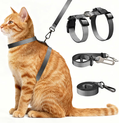 Cat Harness and Leash Set, 3-in-1 Escape Proof Adjustable, Comfortable Soft Lightweight, Safe, Easy to Wear, Walking Travel Kitten Harness for Small Medium Large Cats (Grey)
