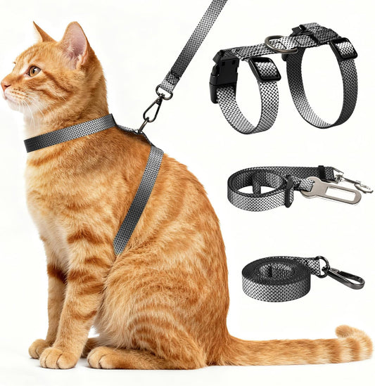 Cat Harness and Leash Set, 3-in-1 Escape Proof Adjustable, Comfortable Soft Lightweight, Safe, Easy to Wear, Walking Travel Kitten Harness for Small Medium Large Cats (Grey)