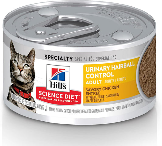 Hill's Science Diet Urinary Hairball Control, Adult 1-6, Urinary Track Health & Hairball Control Support, Wet Cat Food, Chicken Minced, 2.9 oz Can, Case of 12