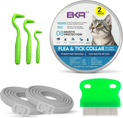 Cat Flea Collar 2 Pack 8-Month Protection Waterproof Natural Flea Collar for Cats Safe and Effective Includes Flea Comb and Tick Removal Tool Adjustable Size for All Cats & Kitten