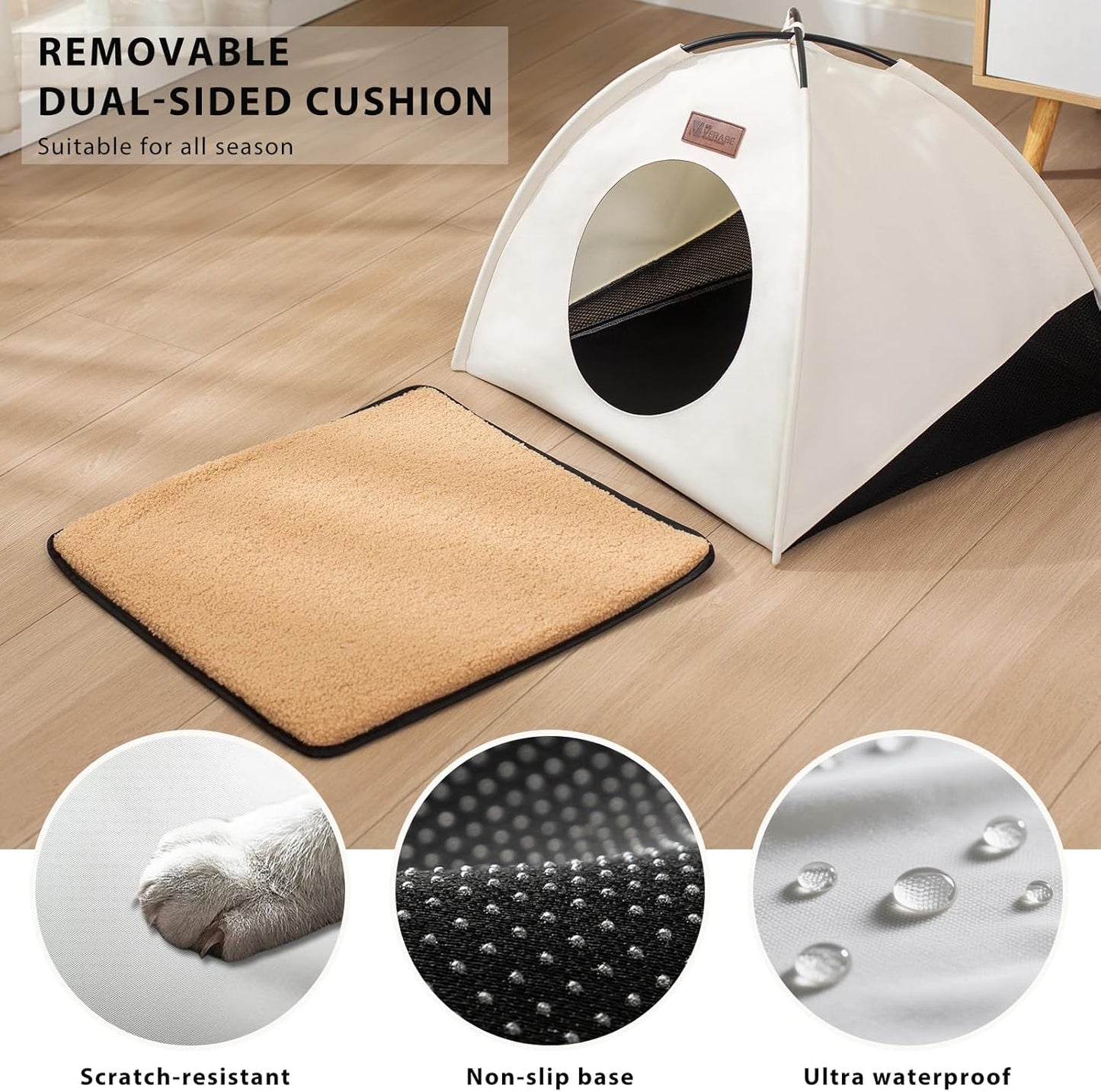 All-Season Cat Tent for Indoor/Outdoor, Assembly-Free Waterproof Cat House Bed with Removable Cushion, Cozy Cave for Cats & Small Dogs (Small, White)