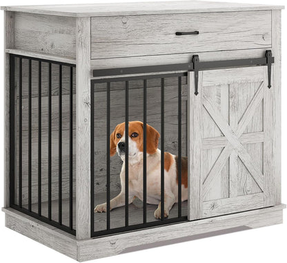 37.8" W Dog Crate Furniture for Small/Medium Dogs, 2-in-1 Iron-Wood Fusion Dog Cage Indoor As Side End Table, Farmhouse Dogs Kennel with Sliding Barn Doors & Storage Drawer, Grey