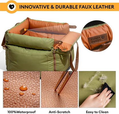 FUNNYFUZZY Dog Car Seat for Medium Sized Dogs, Waterproof 3 in 1 Soft Leather Dog Car Bed for Travel and Home,Portable and Safety,Fits Pets Up to 35 lbs(Green)