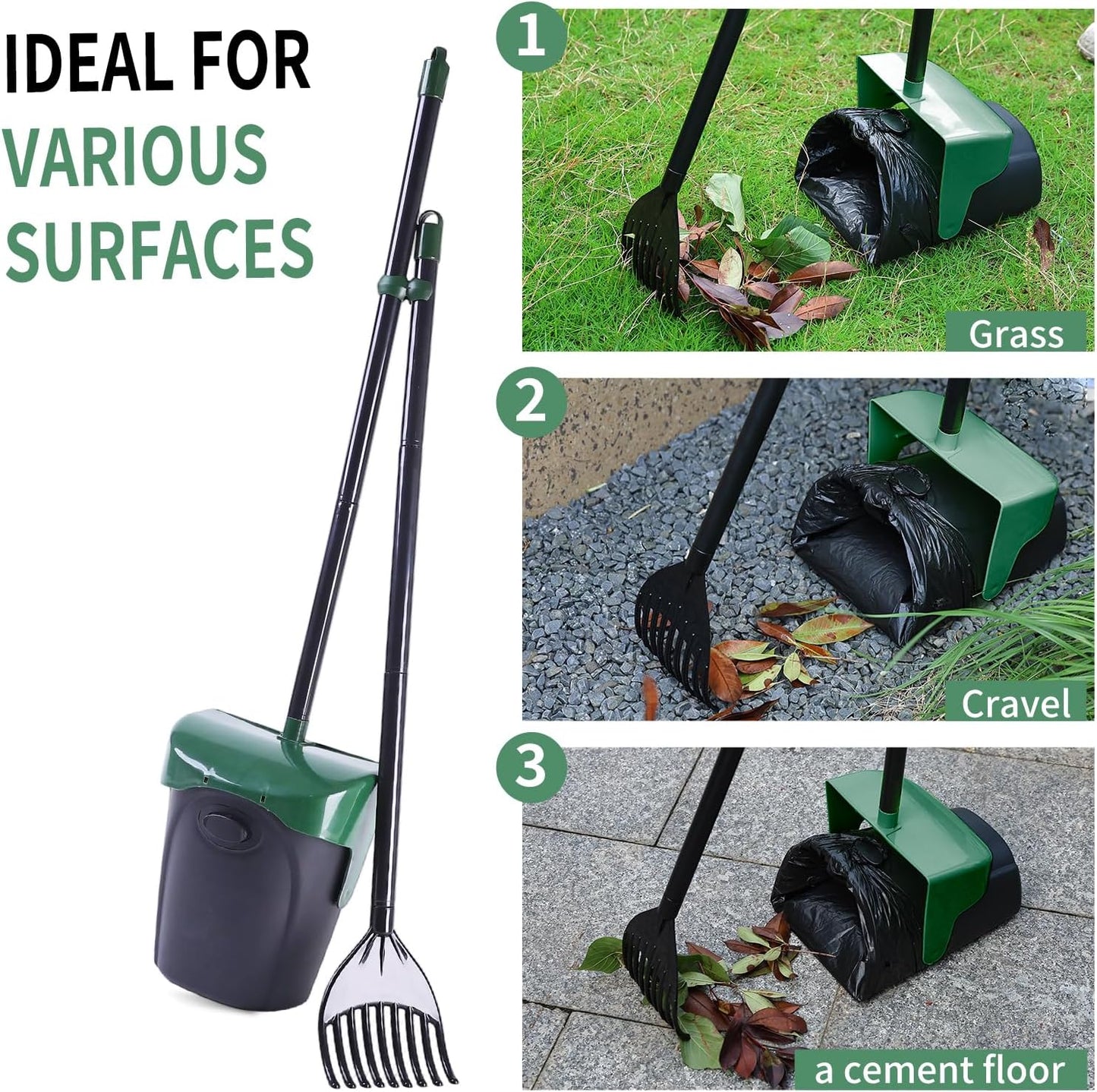 Pooper Scooper Large Swivel Bin & Rake with 160 Waste Bags,Heavy Duty Dog Pooper Scooper with Bag Attachment for Dogs, Long Handle Poop Scooper with Lid for Yard, Grass, Gravel(Dark Green)