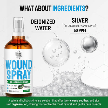 Reptile Wound Care Spray with Silver – for Wounds, Cuts, Scale Rot, Burns, Sores, Irritation, Abnormal Shedding – Topical Spray for Lizards, Bearded Dragons, Iguanas, Snakes, Geckos & Turtles – 4 Oz