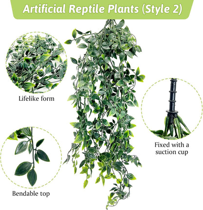 Hamiledyi 5 Pcs Reptile Plants Terrarium Hanging Fake Plant Leaves and Reptile Hide Box Gecko Hideout Cave with Sink Humidifier for Ball Python Bearded Dragon Chameleon Lizard