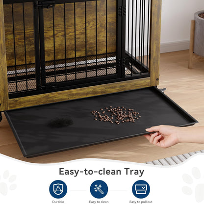 38.6'' Rustic Wood Dog Crate Furniture with Pull-Out Tray, Wheels & 3 Doors, Indoor Kennel Heavy Duty Dog Kennel with Removable Tray, Side Table for Small Medium Breeds Easy Assembly & Cleaning
