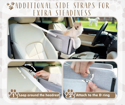 Multi-Function Small Dog Car Seat Center Console & Carrier - Sturdy Console Dogs Car Seats for Small Dogs & Cats, Pet Dog Bed for Cars Back Seat for Up to 11 lbs, 19 x 10 x 9.5 Inches, Gray