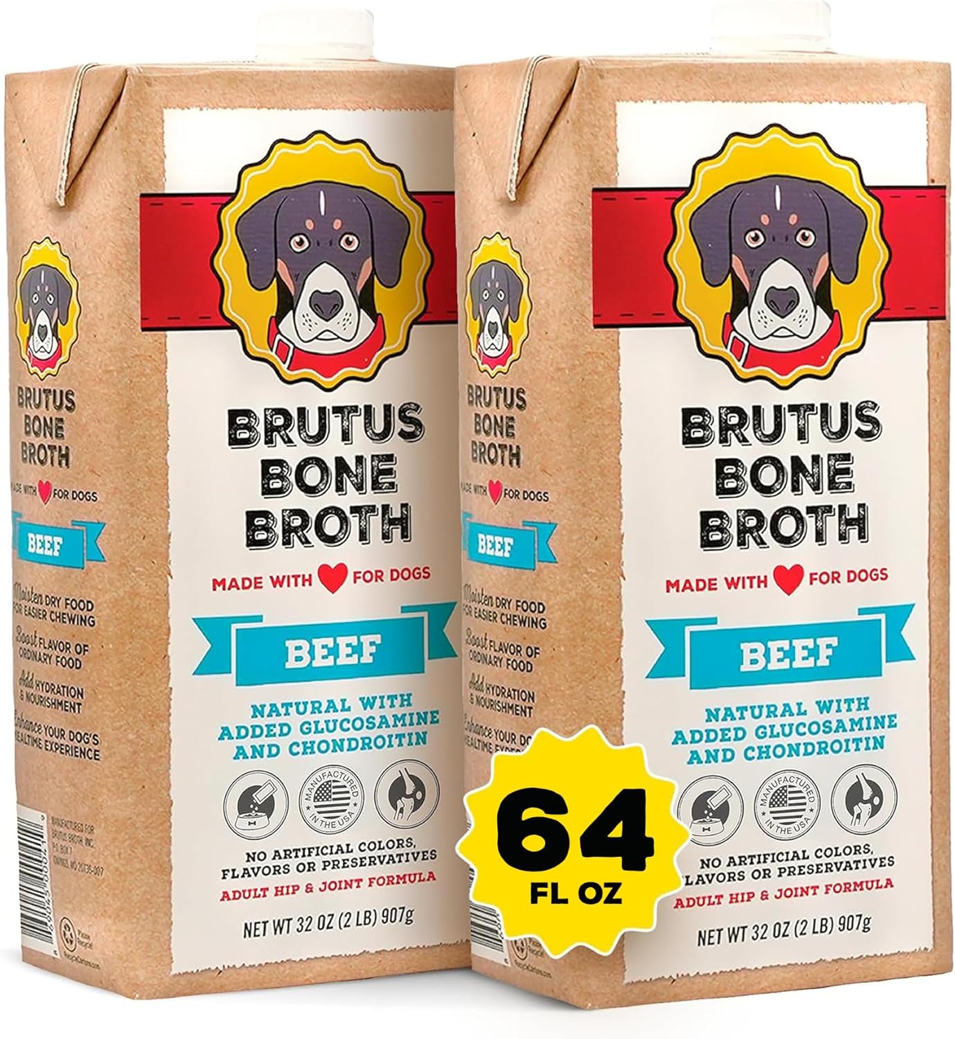 Brutus Beef Bone Broth for Dogs - All Natural Dog Bone Broth with Chondroitin Glucosamine & Turmeric -Human Grade Dog Food Toppers for Picky Eaters & Dry Food -Tasty & Nutritious