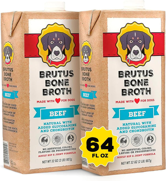 Brutus Beef Bone Broth for Dogs - All Natural Dog Bone Broth with Chondroitin Glucosamine & Turmeric -Human Grade Dog Food Toppers for Picky Eaters & Dry Food -Tasty & Nutritious