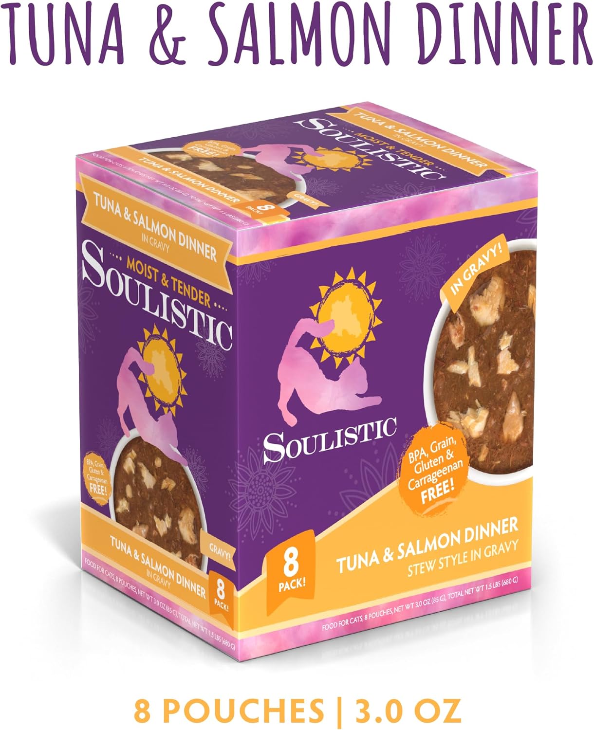 Soulistic Moist and Tender, Tuna and Salmon Dinner in Gravy, 3oz Pouch, Pack of 8