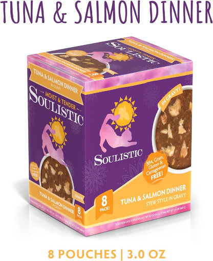 Soulistic Moist and Tender, Tuna and Salmon Dinner in Gravy, 3oz Pouch, Pack of 8