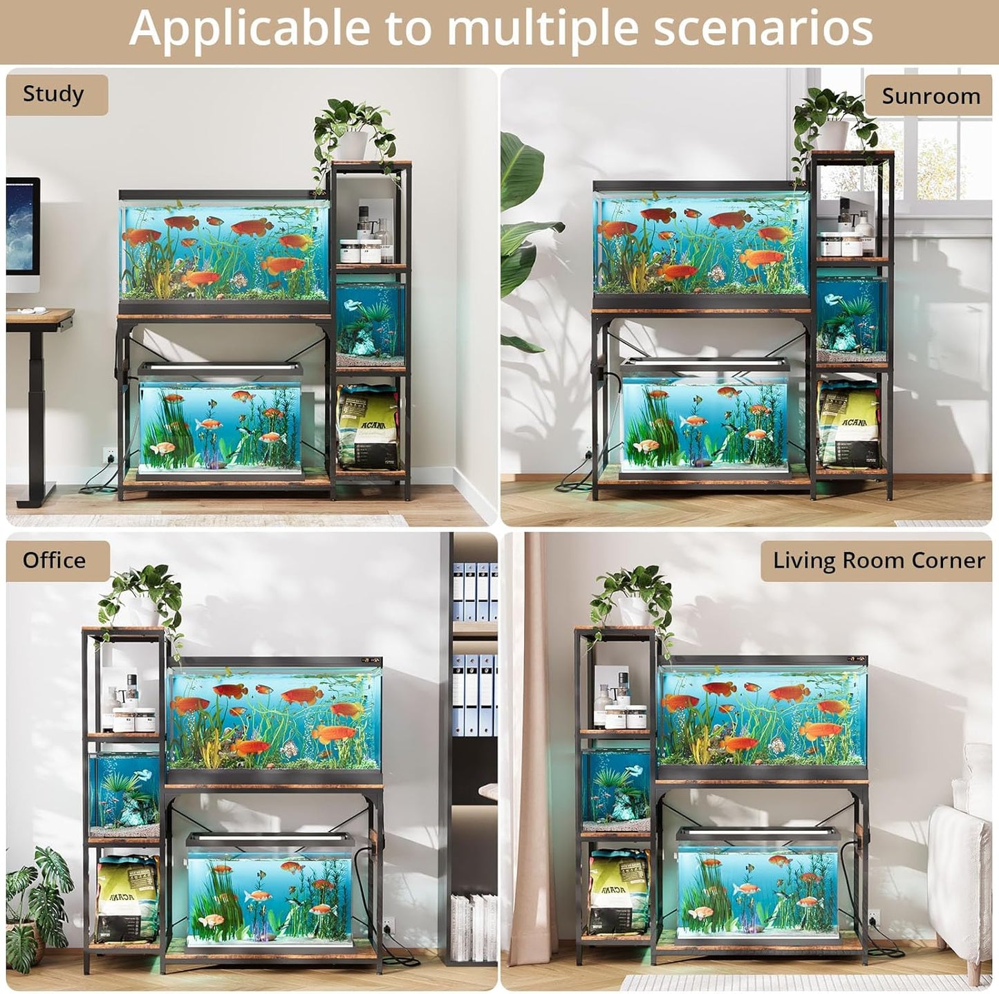 VOWNER 20-29 Gallon Fish Tank Stand with Power Outlet, Wood Aquarium Stand with Shelves for Fish Tank Accessories Storage, Heavy Duty Metal Frame, Turtle Reptile Terrarium Stand, Load 500lb, Brown