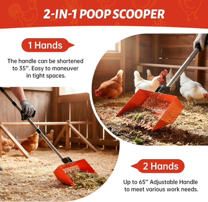 Chicken Poop Scooper for Sand, 12'' Wide 2-in-1 Chicken Coop Scooper and Rake, 36'' to 77'' Adjustable Effort-saving Handle Chicken Coop Pooper Scooper Sifting Shovel, Chicken Coop Cleaning Tools