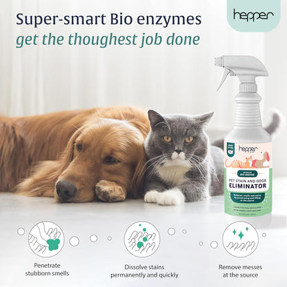 Hepper Advanced Bio-Enzyme Pet Stain & Odor Eliminator Spray - Smell, Stain & Urine Remover for Cats, Dogs & Other Animals - 32oz Spray Safe for the Home - Neutral