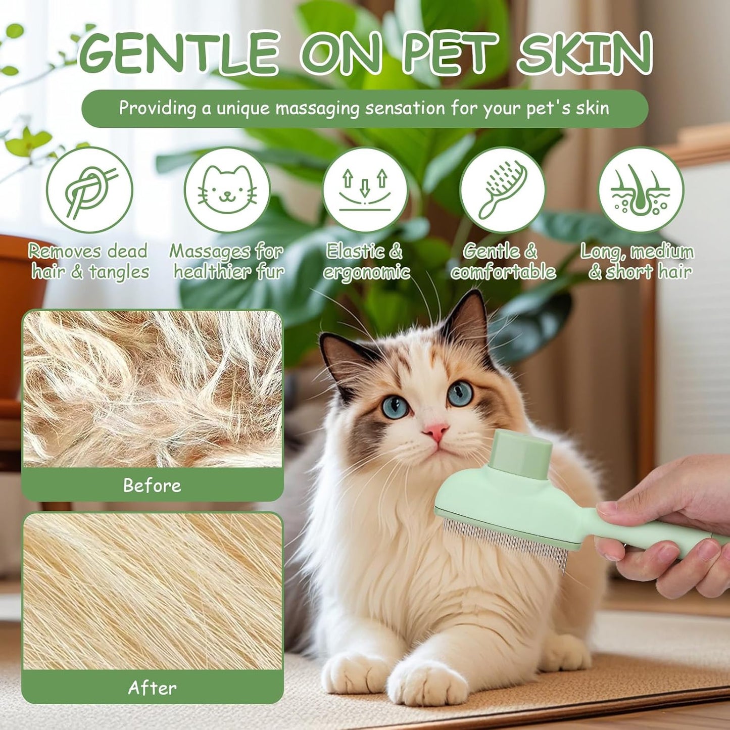 2PCS Self Cleaning Pet Flea Comb Grooming Brush, Fine Tooth Cat Knot Removal Comb for Indoor Cats