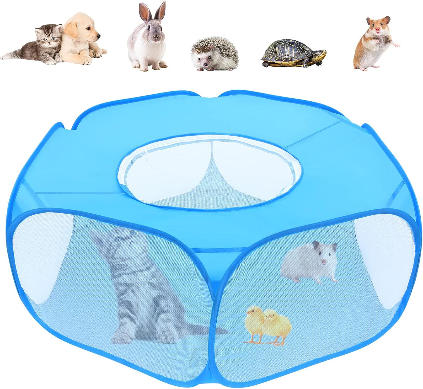 Small Animal Playpens with Top Cover, Foldable Breathable Small Pets Cage Tent Outdoor Indoor Portable Play Pen for Guinea Pig Hedgehog Hamster Cat Rabbit Bunny Puppy Ferret Rat Chicks (Blue)