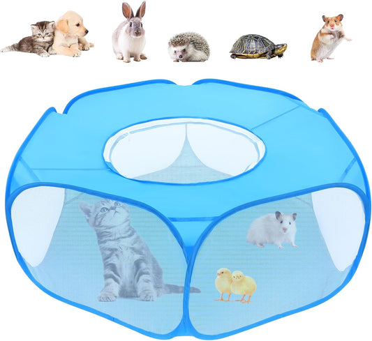 Small Animal Playpens with Top Cover, Foldable Breathable Small Pets Cage Tent Outdoor Indoor Portable Play Pen for Guinea Pig Hedgehog Hamster Cat Rabbit Bunny Puppy Ferret Rat Chicks (Blue)
