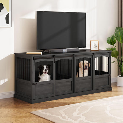 70.86" Double Dog Crate Furniture for 2 Medium Large Dogs Wooden Heavy Duty Dog Kennel Furniture with 2 Sliding Doors and Divider Decorative Dog Cage TV Stand End Table for Indoor Drak Grey