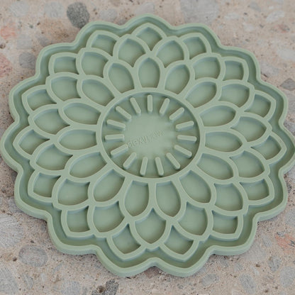 Enrichment Lick Mat: Sage Green Blooming Blossom - Grooved Silicone Dog Feeding Dish, Spread On Food Or Treats, Pet Soothing, Suction Back
