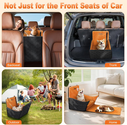 Elevated Dog Car Seat, Dog Booster Car Seats for Small & Medium Breeds Up to 35lbs, Fully Detachable and Washable, Memory Foam Pet Carseat with 2 Storage Pockets & 3 Safety Belts, Black + Brown