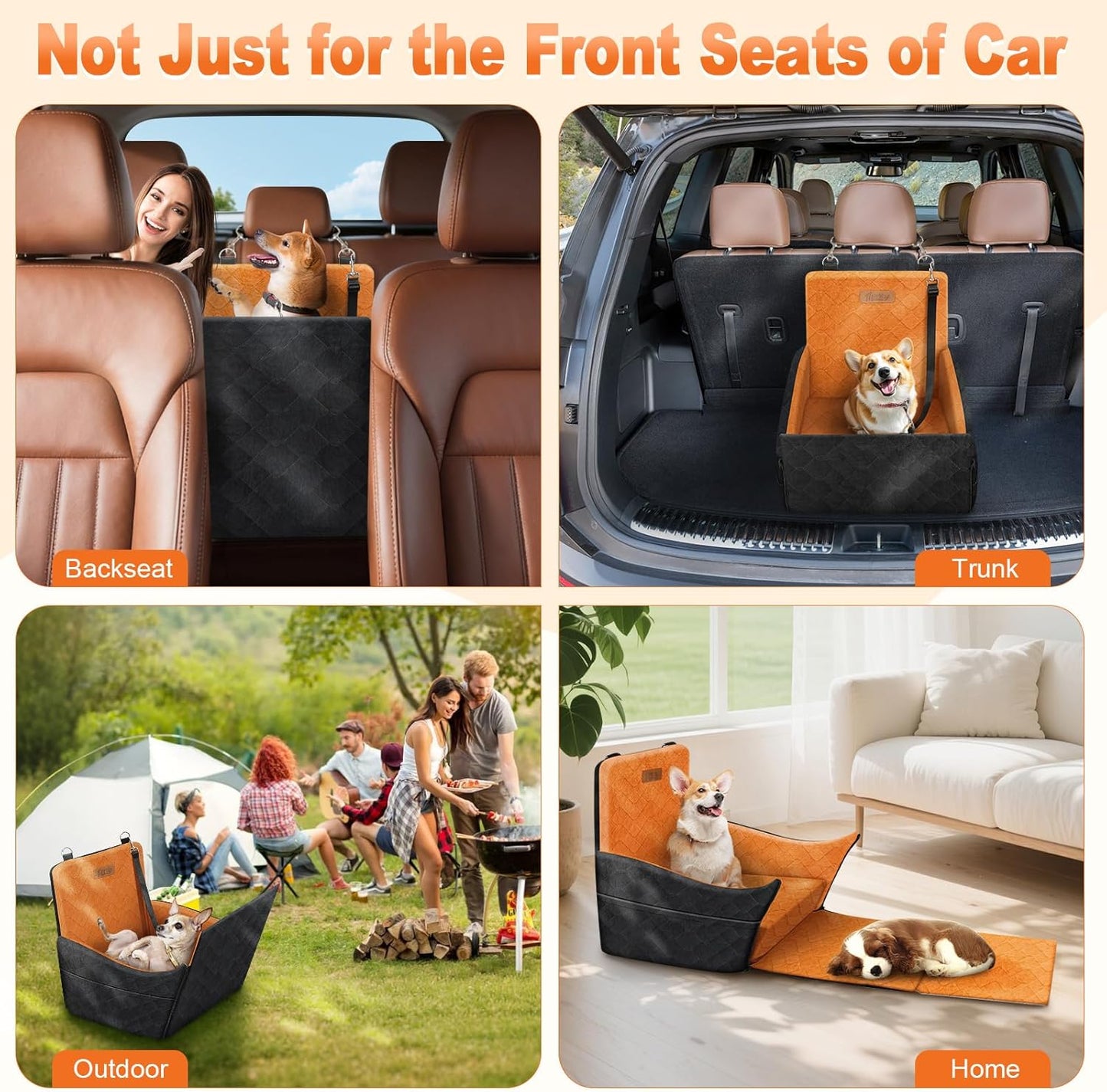 Elevated Dog Car Seat, Dog Booster Car Seats for Small & Medium Breeds Up to 35lbs, Fully Detachable and Washable, Memory Foam Pet Carseat with 2 Storage Pockets & 3 Safety Belts, Black + Brown