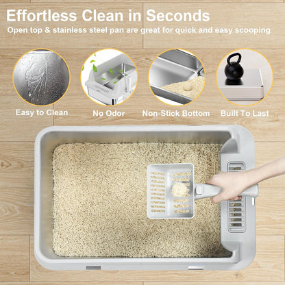 TENTIZON 2 Pack Stainless Steel Cat Litter Box with Lid, Open Top Large Metal Kitty Litter Pan with High Side, Litter Mat, Scoop for Kitten, Multi-Cats Home, Odor Control, Leak Proof, Easy Clean