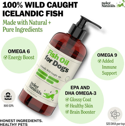Deley Naturals Dog Fish Oil Icelandic 2X Omega - Dog Itching Skin Relief with Omega 3 6 9 for Allergies, Coat & Heart - Omega 3 Fish Oil for Dogs Skin Irritation - 16oz Omega Oil for Dogs Made in USA