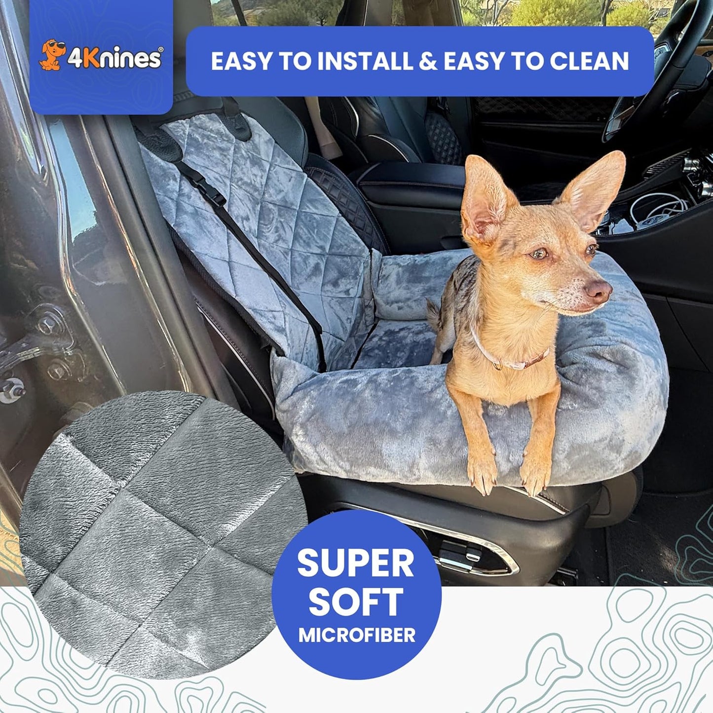 4Knines Dog Car Seat – Plush Travel Bed for SUVs, Trucks & Sedans – Comfortable, Supportive & Secure Ride for Small and Medium Dogs – Washable, Non-Slip Bottom, UV-Resistant Straps & Clips - Grey