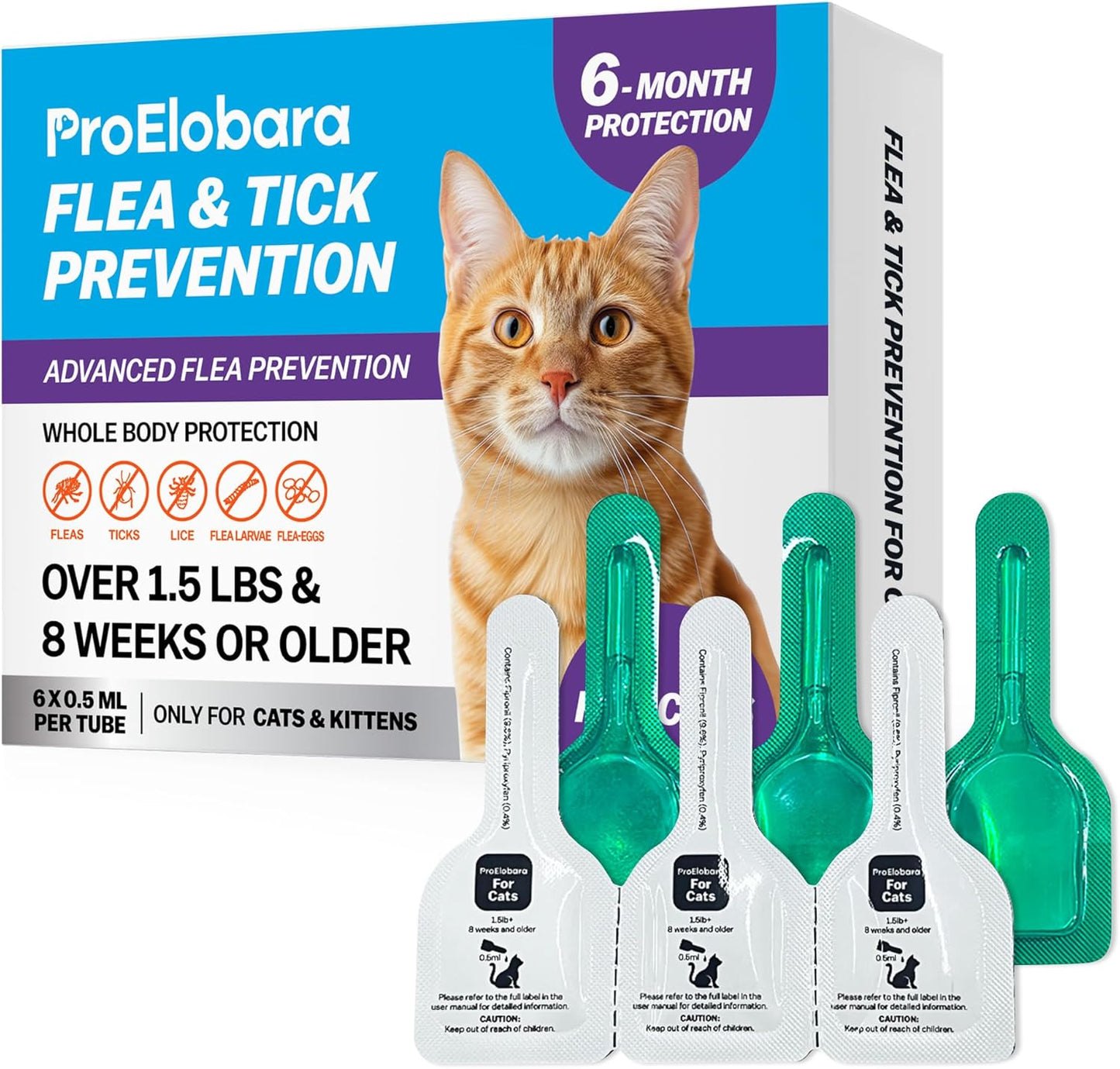 Flea and Tick Prevention for Cats & Kittens: Waterproof Topical Cat Flea and Tick Treatment – Fast-Acting & Long-Lasting At Home Flea Control for Cats Over 1.5 lbs and 8 Weeks or Older – 6-Dose Supply