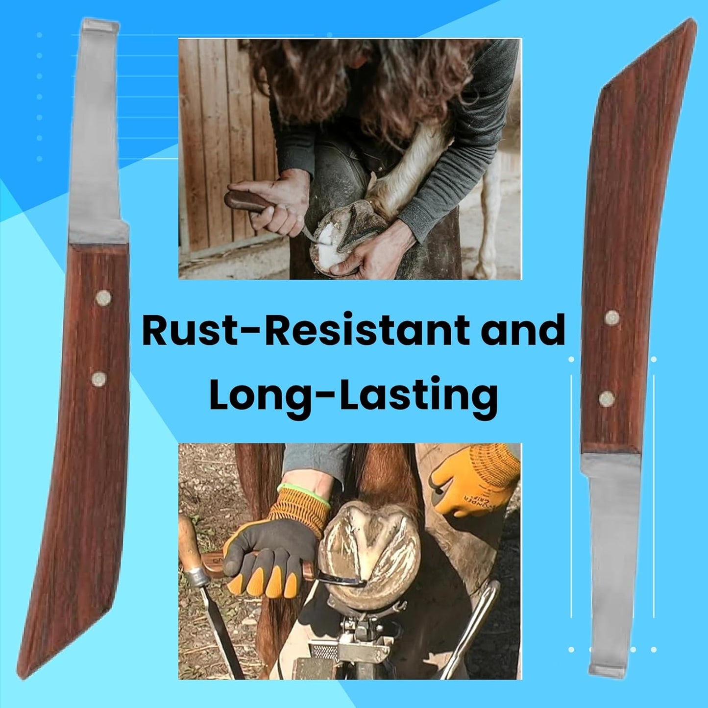 Hoof Knife Single Sided Edge Wide Straight Blade – Stainless Steel Straight Blade Farrier Tool with Wooden Handle, Multipurpose Hoof Trimming Knife for Livestock, 3-Inch Blade, 8.5-Inch Overall