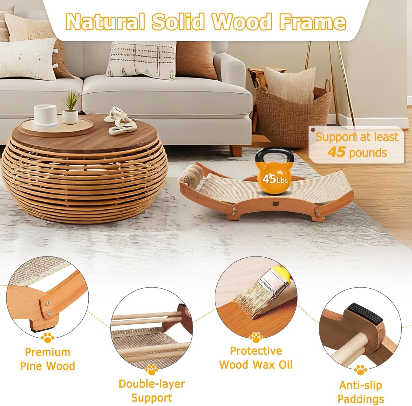 Extra-Larger Sisal Cat Scratcher Bed with Ball, 3-in-1 Cat Scratching Pad with Hammock, Natural Sisal with Solid Wood Frame Cat Scratch Post for Indoor Cats Lounger & Sleep & Scratch