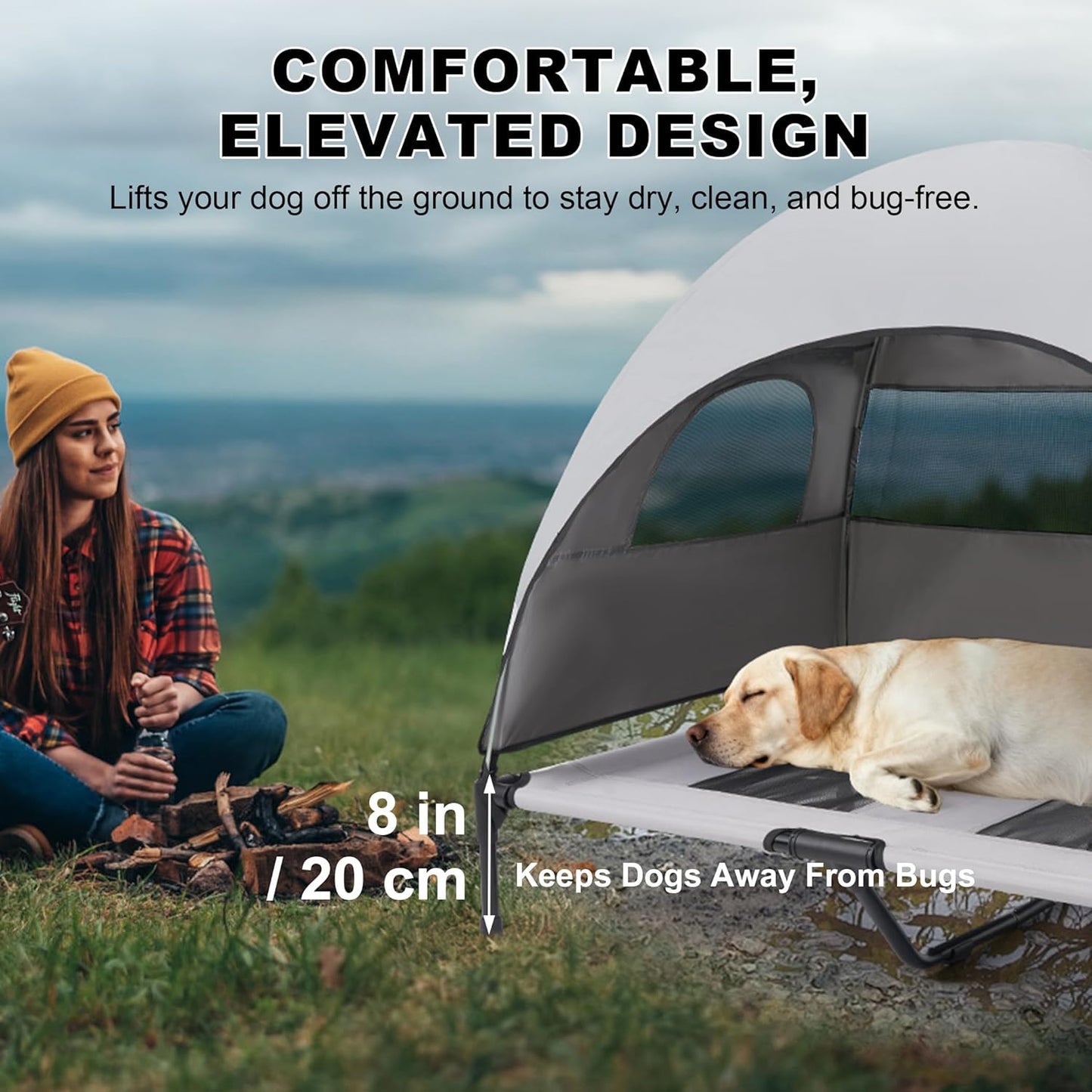 Medium Outdoor Dog Bed with UV Canopy, Elevated Pet Cot for Dogs up to 78 Lbs, Waterproof and Scratch-Resistant Raised Dog Tent with Breathable Mesh for Backyard, Patio, Camping or Indoor Use